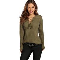 Willow Lace Up Rib Knit Jumper - olive