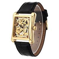 WINNER Men\'s Square Gold Dial Black Leather Band Manual Mechanical Skeleton Wrist Watch Cool Watch Unique Watch Fashion Watch