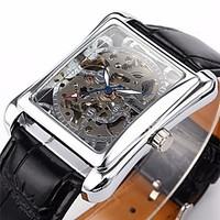 WINNER Men\'s Auto-Mechanical Square Skeleton Watch PU Leather Band Wrist Watch Cool Watch Unique Watch
