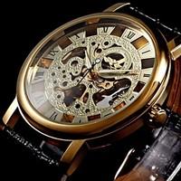 WINNER Men\'s Semi-Mechanical Manual Winding Gold Skeleton Watch PU Leather Strap Cool Watch Unique Watch