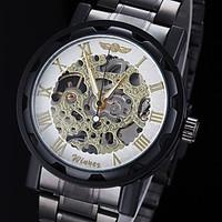 winner mens manual mechanical hollow skeleton gold face black steel ba ...