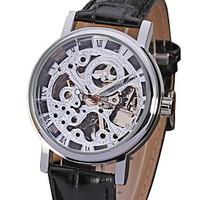 WINNER Men\'s Elegant Silver Dial Black Leather Band Manual Mechanical Skeleton Wrist Watch Cool Watch Unique Watch