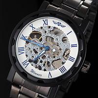 WINNER Men\'s Manual Mechanical Hollow Skeleton Blue Pointer Black Steel Band Wrist Watch (Assorted Colors) Cool Watch Unique Watch