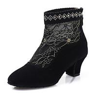 Women\'s Dance Shoes Boots Velvet Lace Rhinestone Breathable Chunky Heel Black/Red