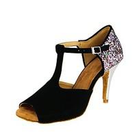 Women\'s Latin Ballroom Salsa Tango Dance Shoes Customized Heels Flocking Sequined Cloth Dancing Shoes Black