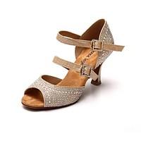Women\'s Satin Rhinestone Golden Heels Latin Dance Shoes Sandals