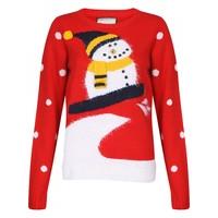 Women\'s polka dots sleeves snowman red knitted Xmas jumper - Merry Christmas
