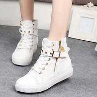 Women\'s Canvas Spring Fall Casual Buckle Zipper Lace-up Flat Heel Black White 1in-1 3/4in