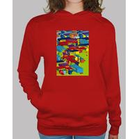 woman hooded sweater red city