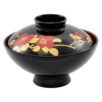 Wooden Lacquer Soup Bowl - Black And Red, Golden Camellia Pattern