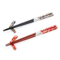 Wooden His and Hers Chopsticks And Chopstick Rests Set - Black And Red, Flower Pattern