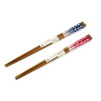 Wooden His and Hers Chopsticks Set - Navy Blue And Red, Cherry Blossom Pattern