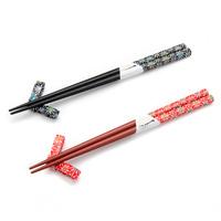 Wooden His And Hers Chopsticks And Chopstick Rests Set - Black And Red, Fireworks Pattern