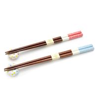 Wooden His And Hers Chopsticks And Chopstick Rests Set - Pink And Blue, Polka Dot Pattern