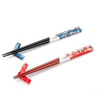 Wooden His and Hers Chopsticks And Chopstick Rests Set - Blue And Red, Flower Pattern