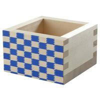 Wooden Masu Sake Cup - Natural With Blue Check Pattern