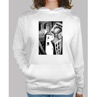 woman hooded sweater white city