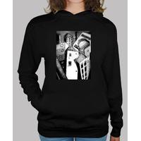 woman hooded sweater black city