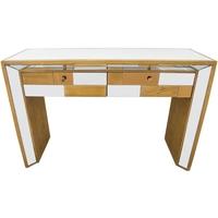 wood and mirrored paneled table with 2 drawer