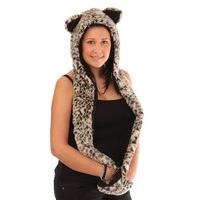 Womens Faux Fur Hooded Scarf In Ears-Paws Design Winter Thermal Hat Beige