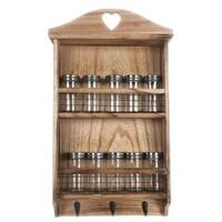 Wooden Wall Hanging Kitchen Herb Spice Rack With 10 Glass Screwtop Jars And 3 Hooks