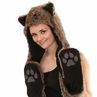 Womens Faux Fur Hooded Scarf With Ears Design Warm Winter Thermal Fashion Hat
