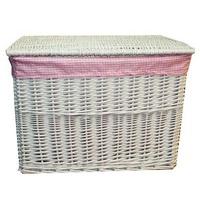 WoodLuv Large Wicker Basket Storage Chest Trunk Hamper with Pink Cloth Gingham Lining, White