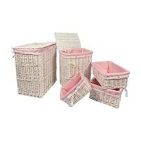WoodLuv Set of 5 Wicker Rectangular Laundry Basket & Storage Basket, Pink Dot Lining and Ribbon, White