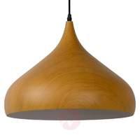 wood coloured woody hanging light with broad shade