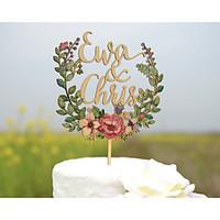 Wood Wedding Cake Topper with Custom First Names Cake Topper Printed with Water Color Flowers