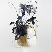 Women\'s Black Organza Headpiece-Wedding Tulle Net Fascinators with Feather Headband Hat