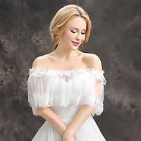 Women\'s Wedding Wrap Capelets Sleeveless Lace Tulle Wedding Party/Evening Draped Lace Pearls Grace Bride Shawl White Off-the-shoulder