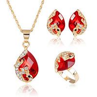 Women Wedding Party Crystal Turquoise Red Water Drop Pendant Necklace Earrings Sets 18K Gold Plated Jewelry Sets(NecklaceEarringsRings)
