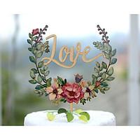 wood wedding cake topper with lettering love and hand printed with flo ...