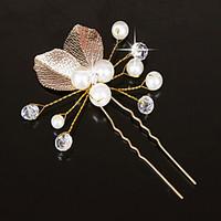 Women\'s Gold Leaf Olive Shape Hair Stick Pin for Wedding Party Hair Jewelry with Pearl Crytsal