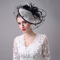 Women\'s Black Birdcage Veils Organza Headpiece-Wedding Tulle Net Fascinators with Lace Feather Hat