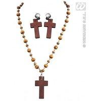 Wooden Rosary & Cross Earring Set Fancy Dress Costume Jewellery For Outfits