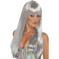 womens silver long straight wig with fringe