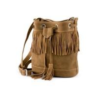 Woman\'s leather bucket bag with fringe, HERBES