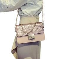 Women Sequined Shoulder Bag PU Leather Flap Front Chain Handle Strap Casual Mini Handbag Crossbody Bag