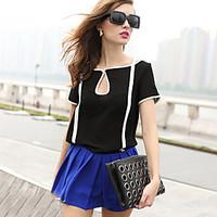 Women\'s Casual/Daily Simple / Street chic Summer Blouse, Patchwork Round Neck Short Sleeve White / Black Medium