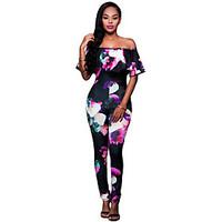 Women\'s Off The ShoulderRuffle Black Floral Off Shoulder Jumpsuit