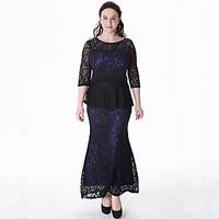 Women\'s Plus Size Vintage Sheath DressPatchwork Round Neck Maxi Length Sleeve Blue5