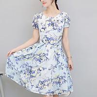 Women\'s Going out Casual/Daily Simple Street chic Sheath Dress, Floral Round Neck Knee-length Short Sleeve Blue Polyester Summer Mid Rise