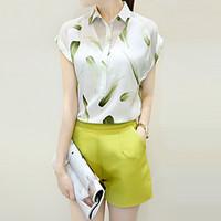 Women\'s Casual/Daily Street chic Summer Set, Print Shirt Collar Short Sleeve White Rayon / Polyester Thin