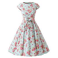 Women\'s Cap Sleeves Mint Flowers Floral Dress , Vintage Cap Sleeves 50s Rockabilly Swing Dress