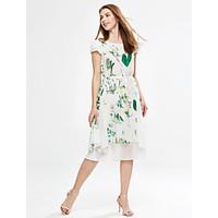 Women\'s Going out Sophisticated Sheath Dress, Print Round Neck Midi Short Sleeve White Green Polyester Summer Mid Rise Micro-elastic Thin