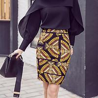 Women\'s Bodycon Print Knitting Skirts, Casual/Daily Work Boho High Rise Knee-length Zipper Polyester Stretchy Spring Summer