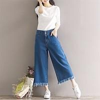 Women\'s High Rise Micro-elastic Jeans Pants, Simple Loose Tassel Solid