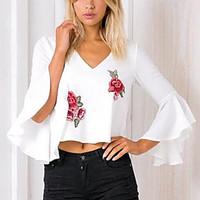 Women\'s Going out Casual/Daily Holiday Vintage Street chic Summer Blouse, Embroidered V Neck ¾ Sleeve White Black Polyester Medium